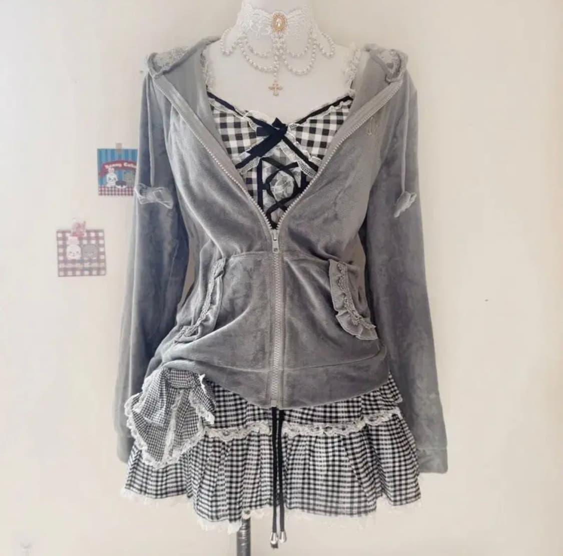 리즈리사 산리오 마이멜로디 레이스 벨벳 갸루후드집업 대대장 셋업 상품이미지4