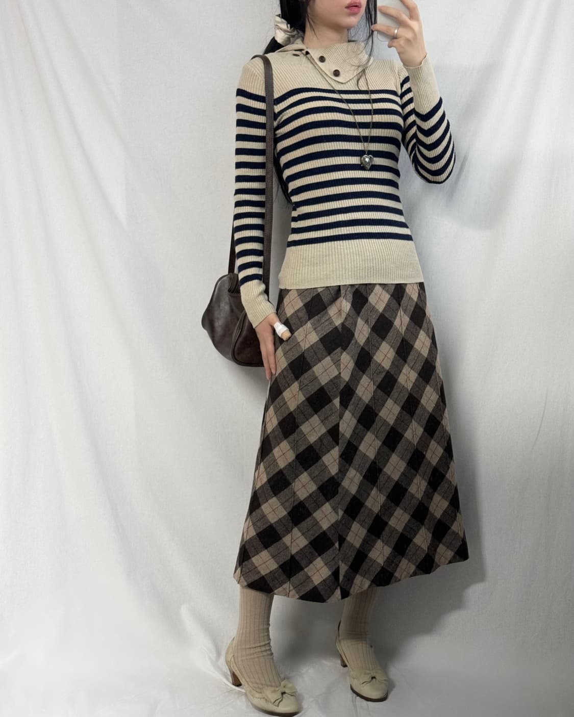 울 체크 패턴 롱 스커트 상품이미지4