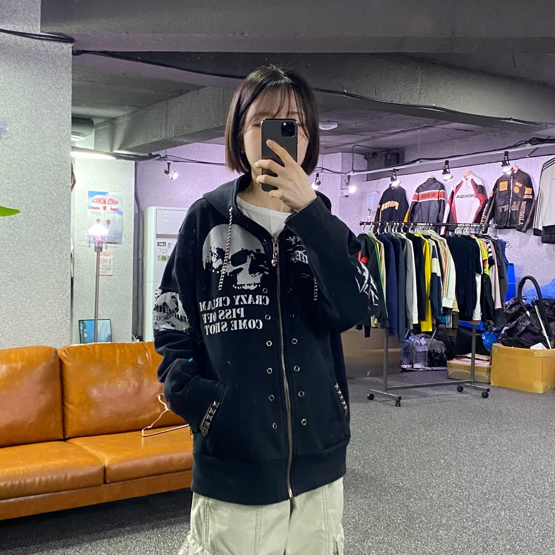 빈티지 스컬 펑크 디테일 체인 후드집업 B4648 상품이미지1