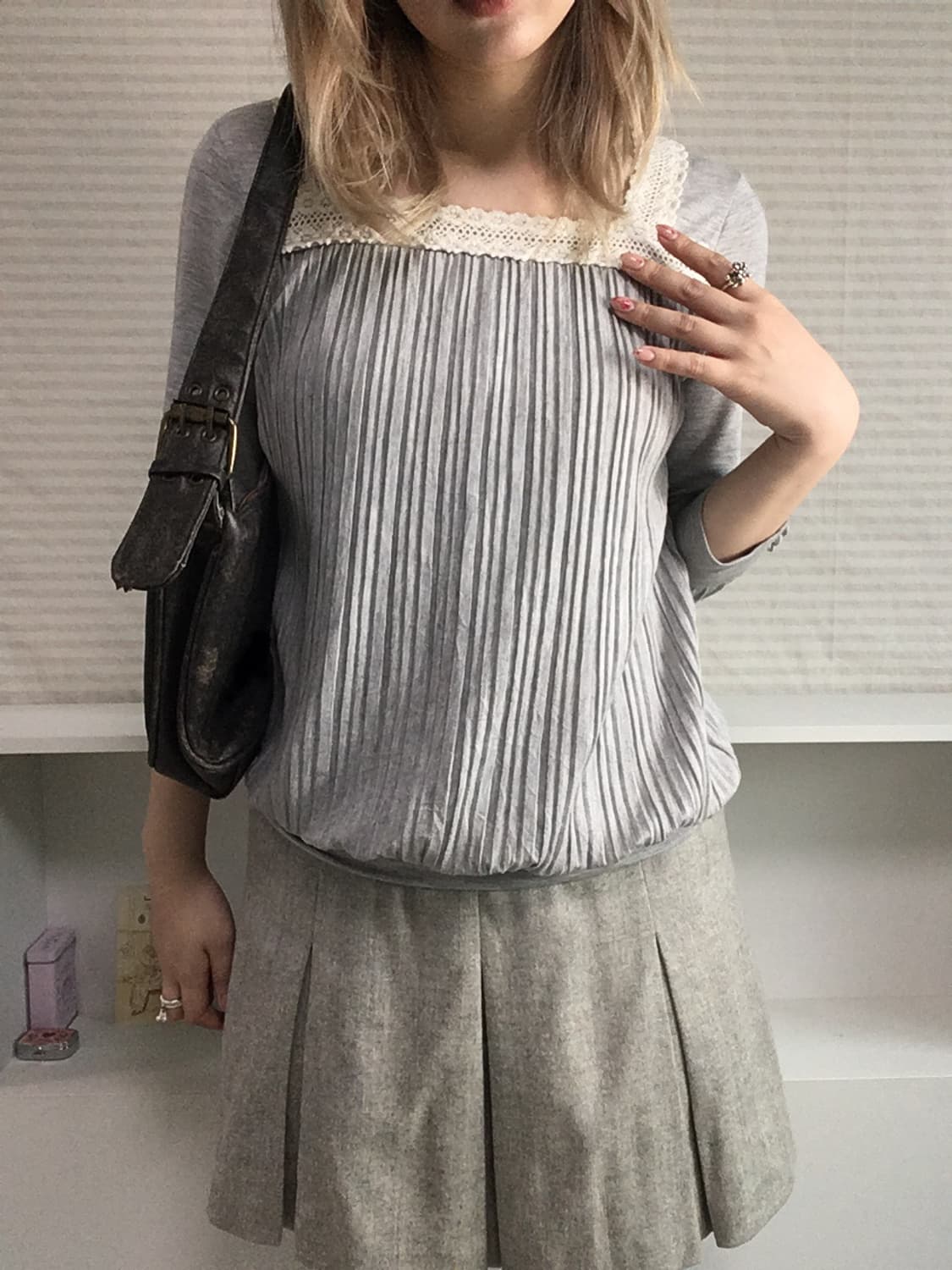 jpn vintage gray mori lace pleats t-shir 상품이미지2