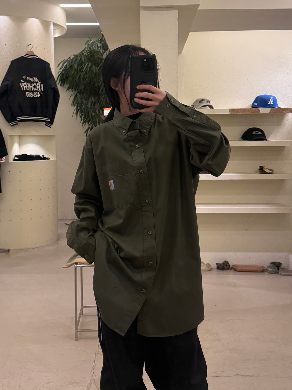 칼하트 버튼다운 포켓 워크 셔츠 그린 U173 상품이미지1