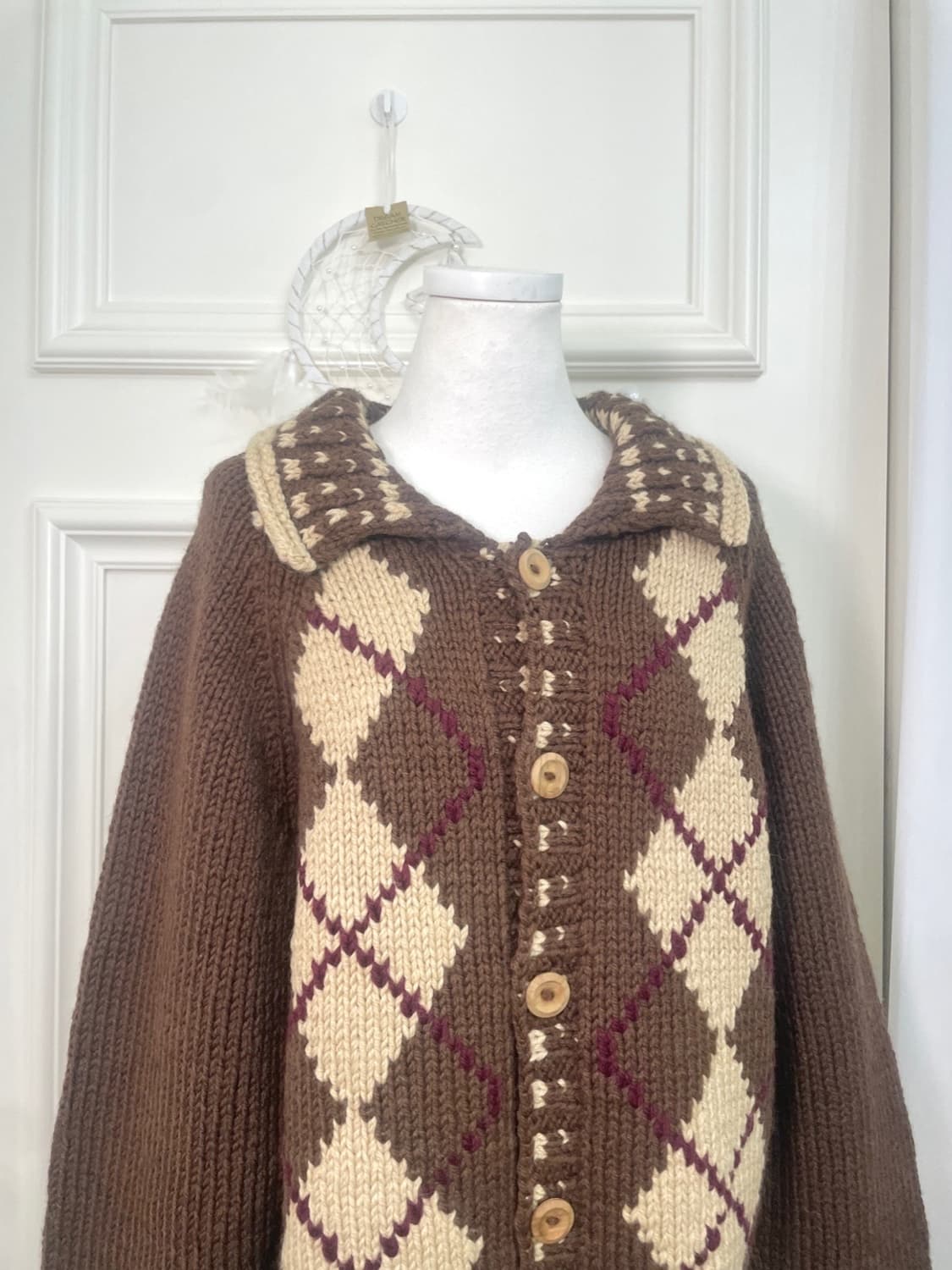 brown beige check wood button collar car 상품이미지5