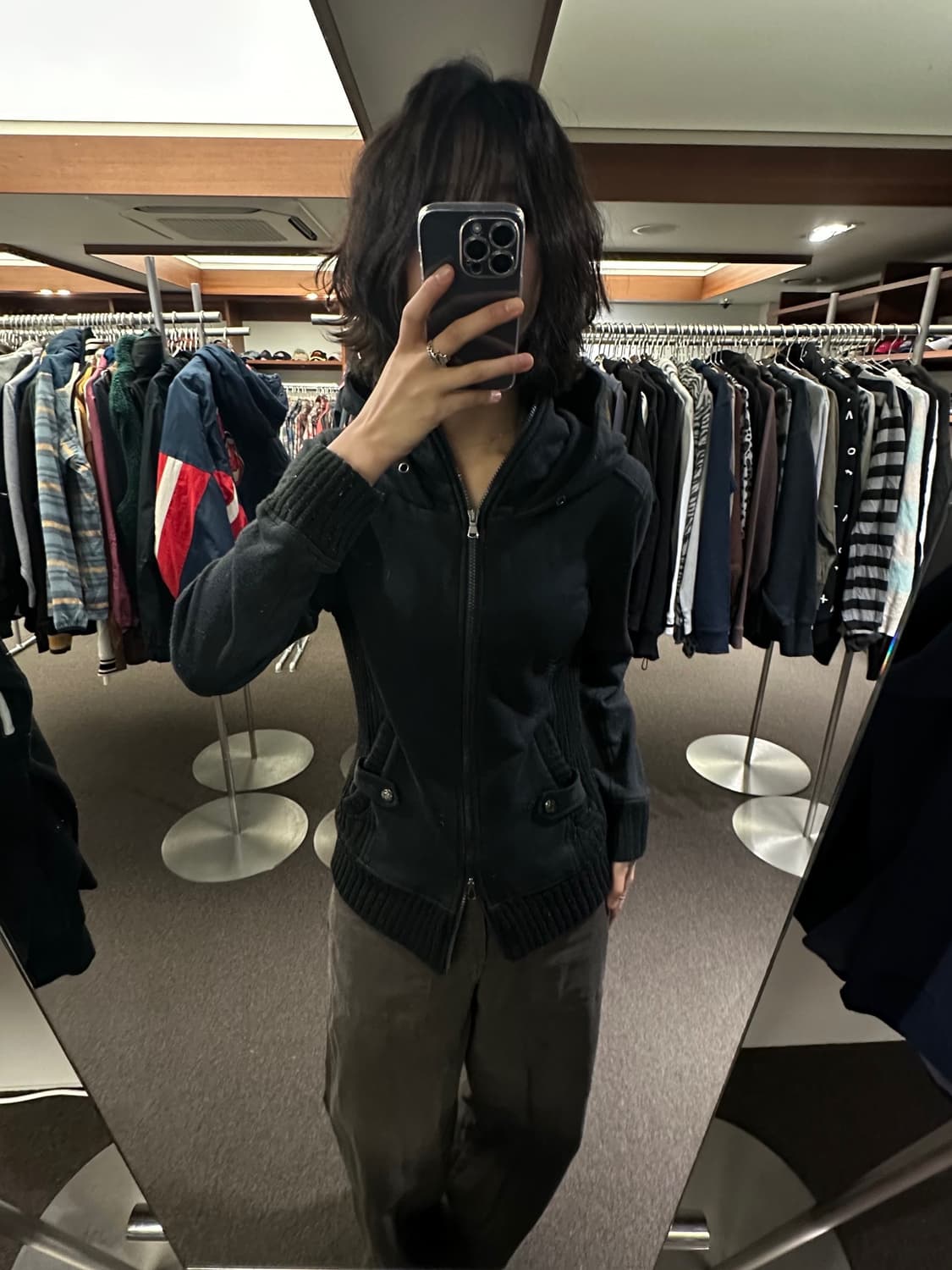 L)imp 빈티지 여성 투웨이 레이어드 블랙 후드집업 상품이미지1