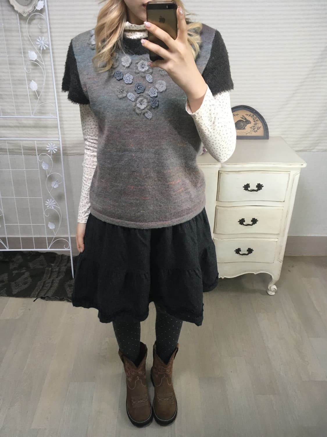 일본빈티지 플로럴 자수 하프 니트 상품이미지3