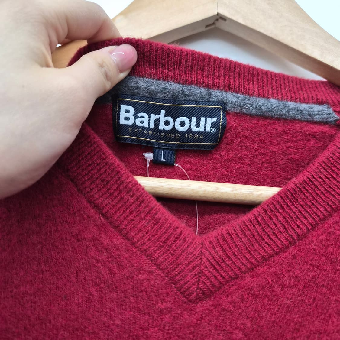 바버 V넥 니트 스웨터 버건디 남녀공용 L 상품이미지4