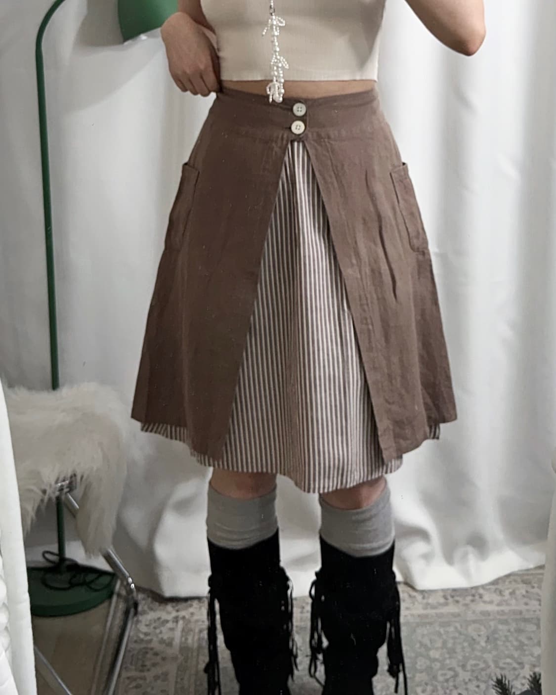 브라운 레이어드 미디 스커트 상품이미지1