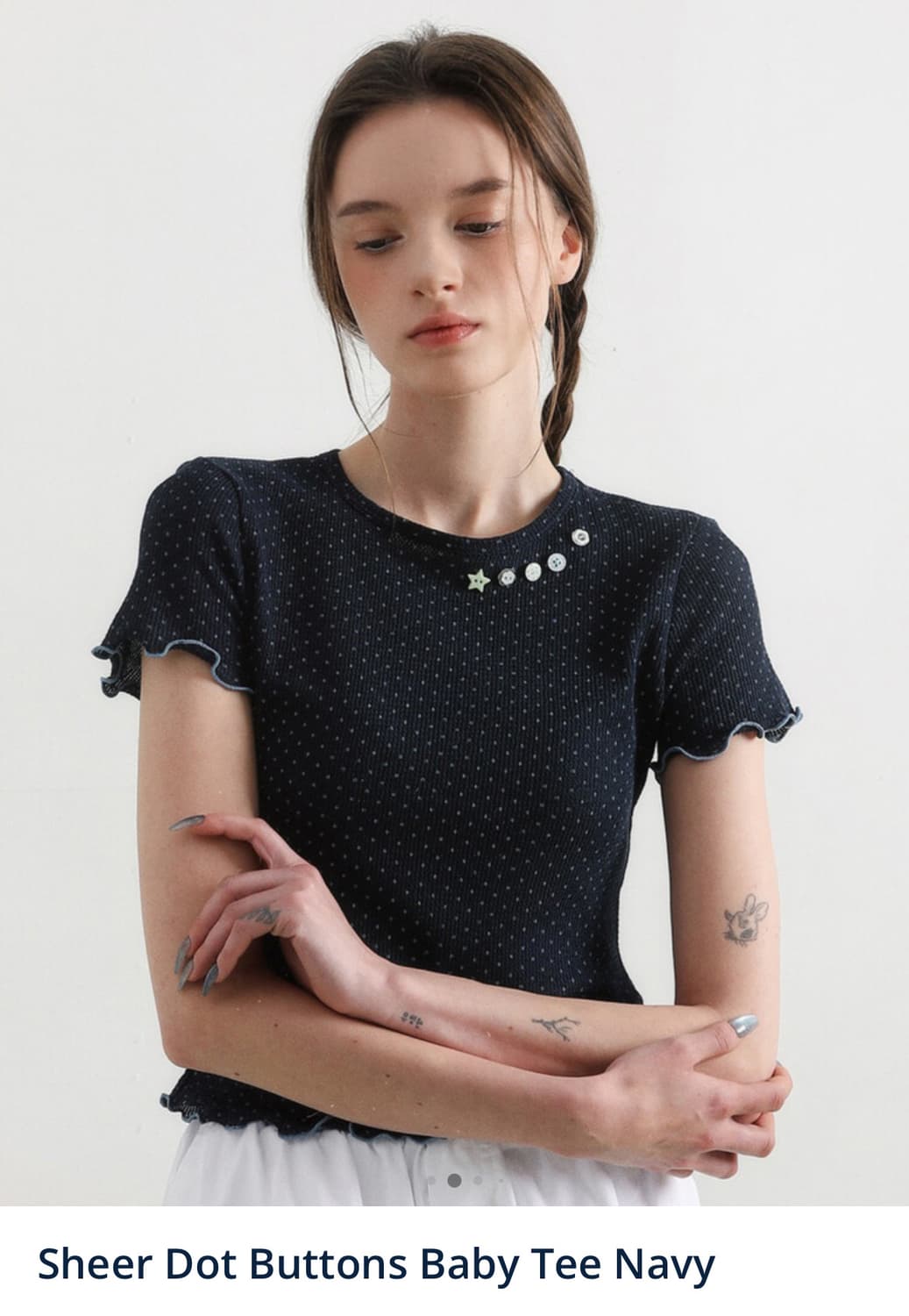 Sheer Dot Buttons Baby Tee Navy 상품이미지2