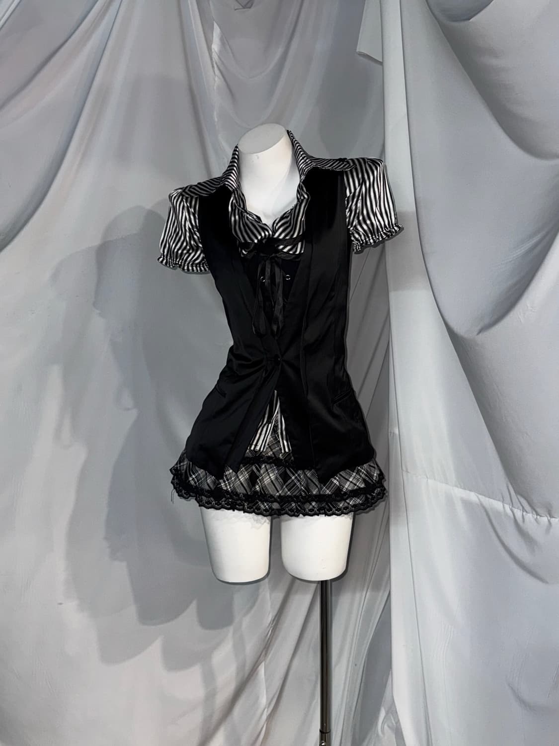 무채색 미와코깔 체크 레이스 스트라이프 프릴 코디세트  상품이미지6