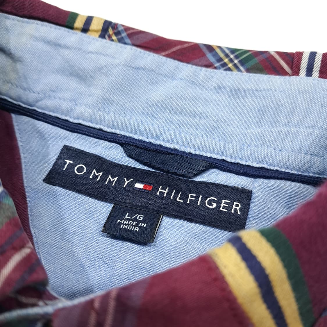 CK041 L 타미힐피거 90s 버건디 네이비 패치워크 셔츠 남방 상품이미지3