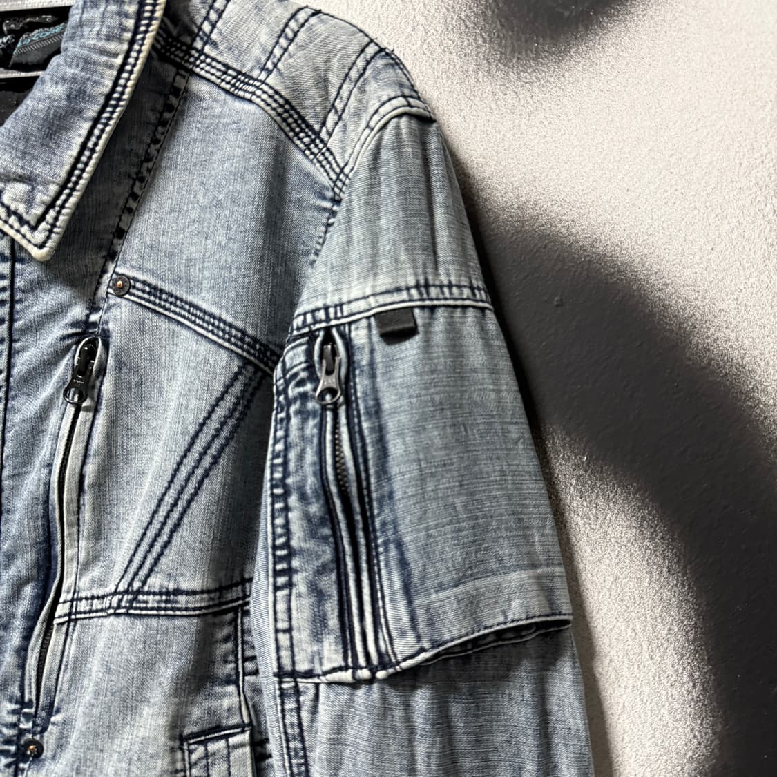 Cordura 코듀라 멀티 디테일 워싱 크롭 데님 바이커 자켓 상품이미지4