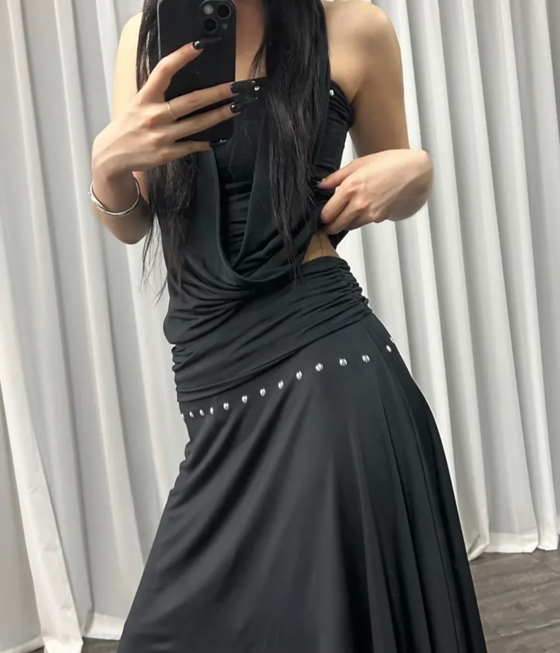 Stud Drape Halter Top/skirt  Black 상품이미지4