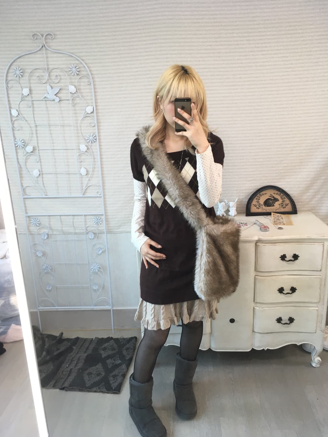 Set)아가일 브라운 니트원피스 +도트롱슬리브 상품이미지4