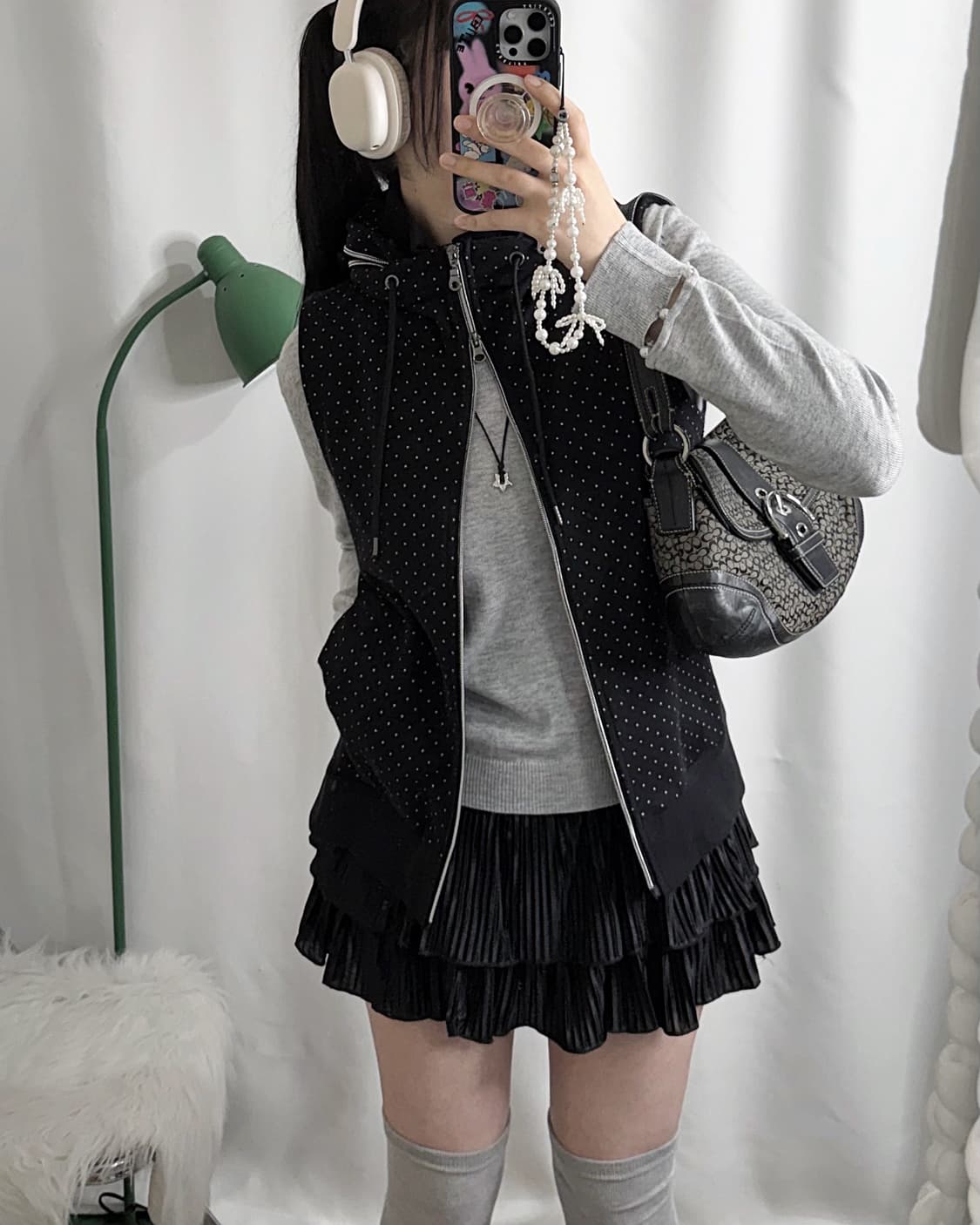 블랙 도트 패턴 투웨이 집업 후드 베스트 상품이미지2