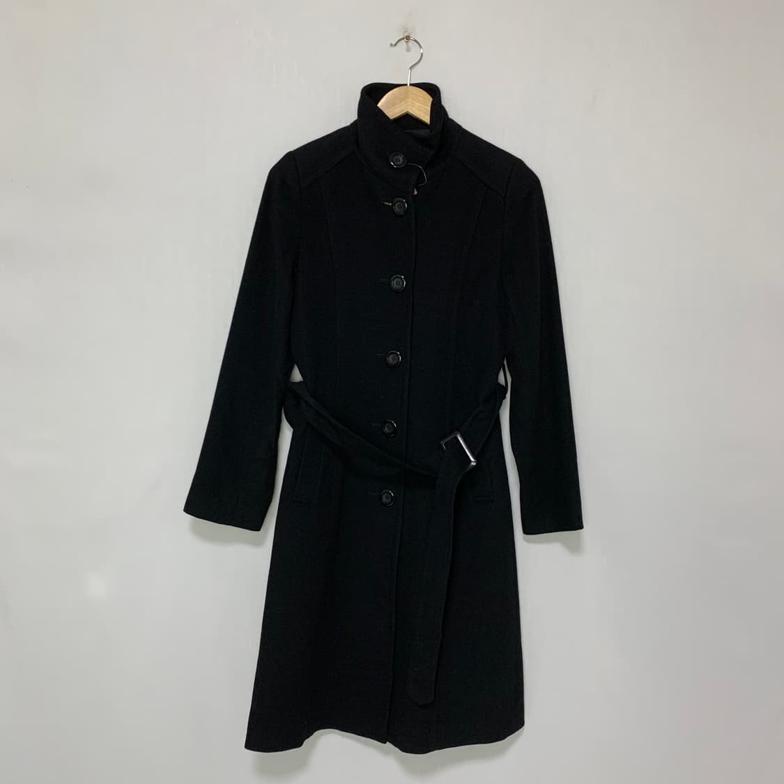 일본 빈티지 하이넥 블랙 벨트 캐시미어 100% 여성 코트 상품이미지1