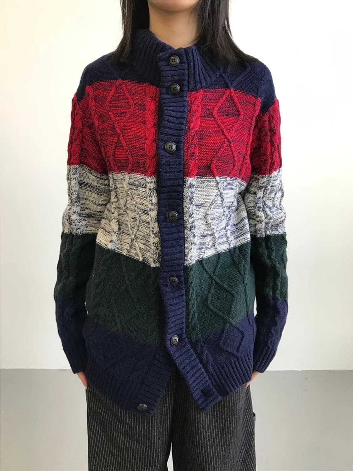 GLOBAL WORK Color Block Cable Cardigan 상품이미지1