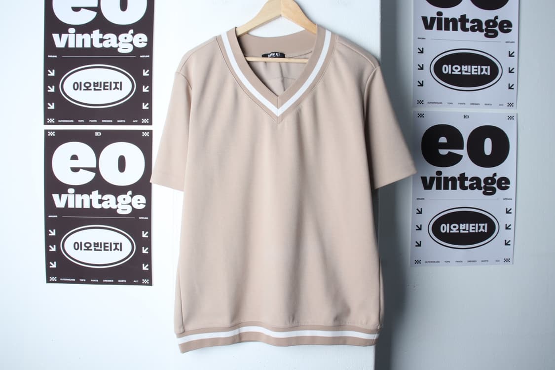 (L-XL) 드로우핏 반팔 티셔츠 브이넥 베이지 폴리 캐주얼-H32862 상품이미지2