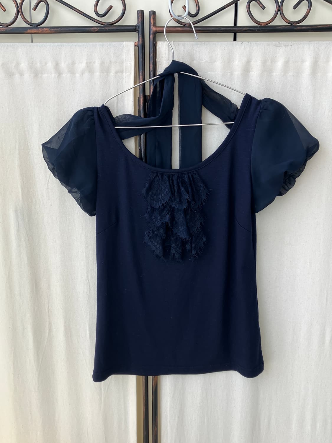 navy lace shirring ribbon half blouse 상품이미지4