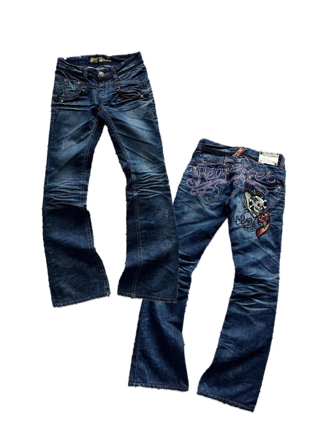 레드페퍼 해골 백패치 로우라이즈 부츠컷 데님팬츠 y2k 펑크 상품이미지1