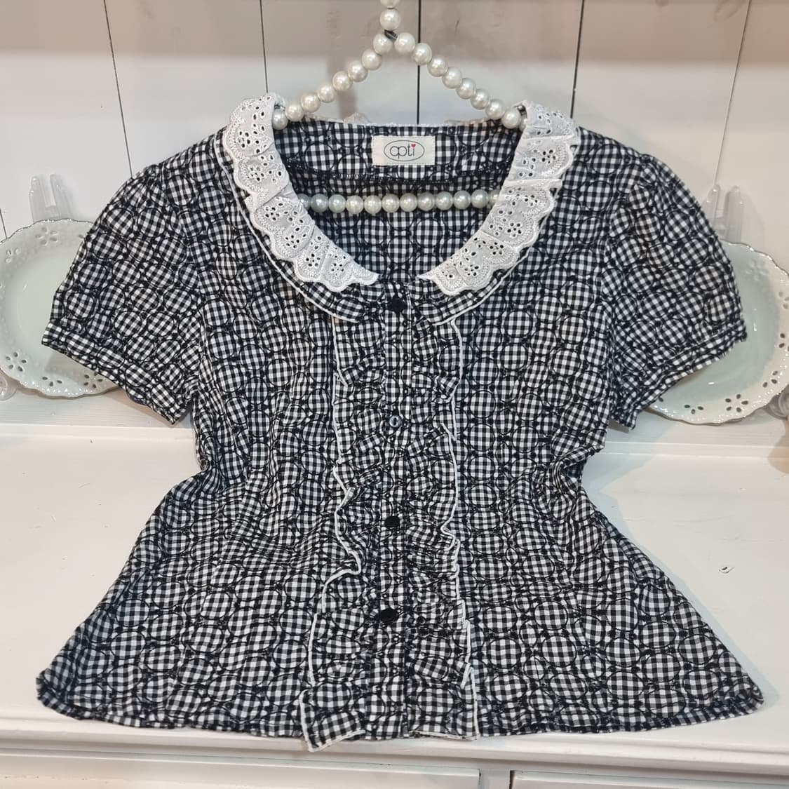 apti 레이스 깅엄체크 반팔 블라우스 상품이미지2