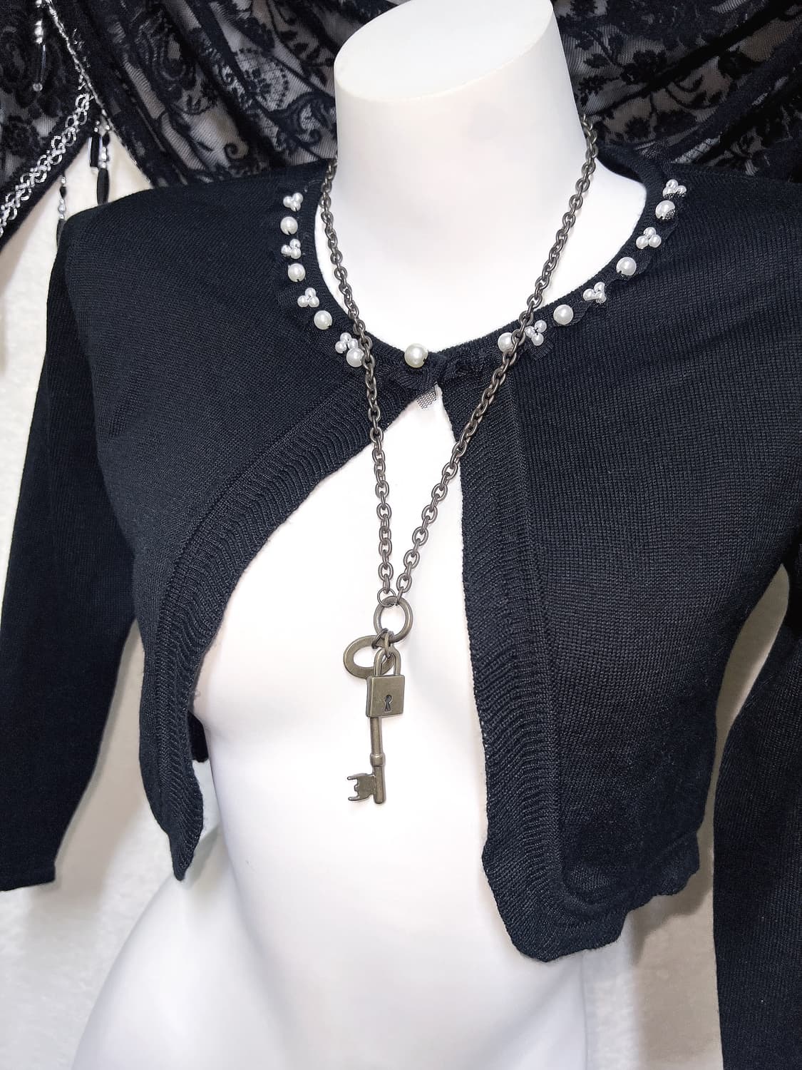 로맨틱갸루 로걀 고딕 고스로리 블랙 진주 크롭 볼레로 가디건 핀터 페어리 상품이미지7