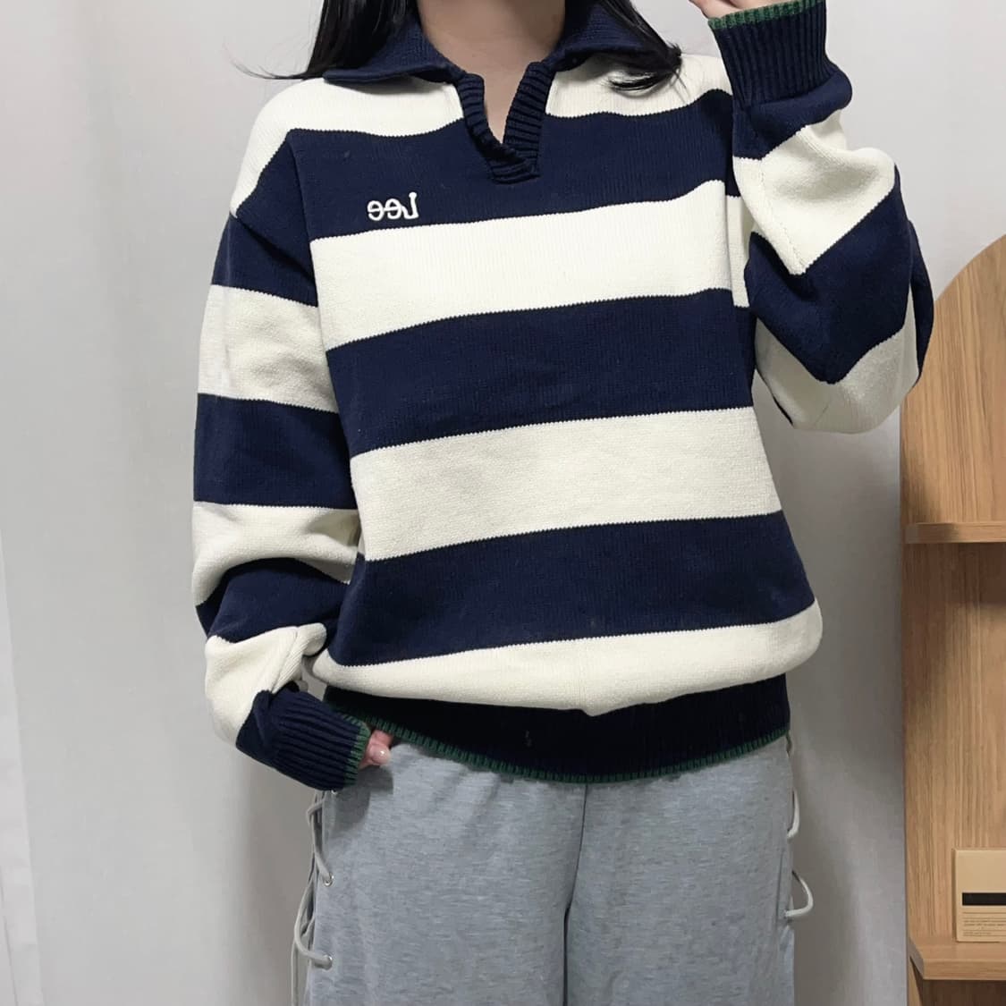 [정품] LEE 화이트 네이비 단가라 두툼 니트 [ M ] 상품이미지3