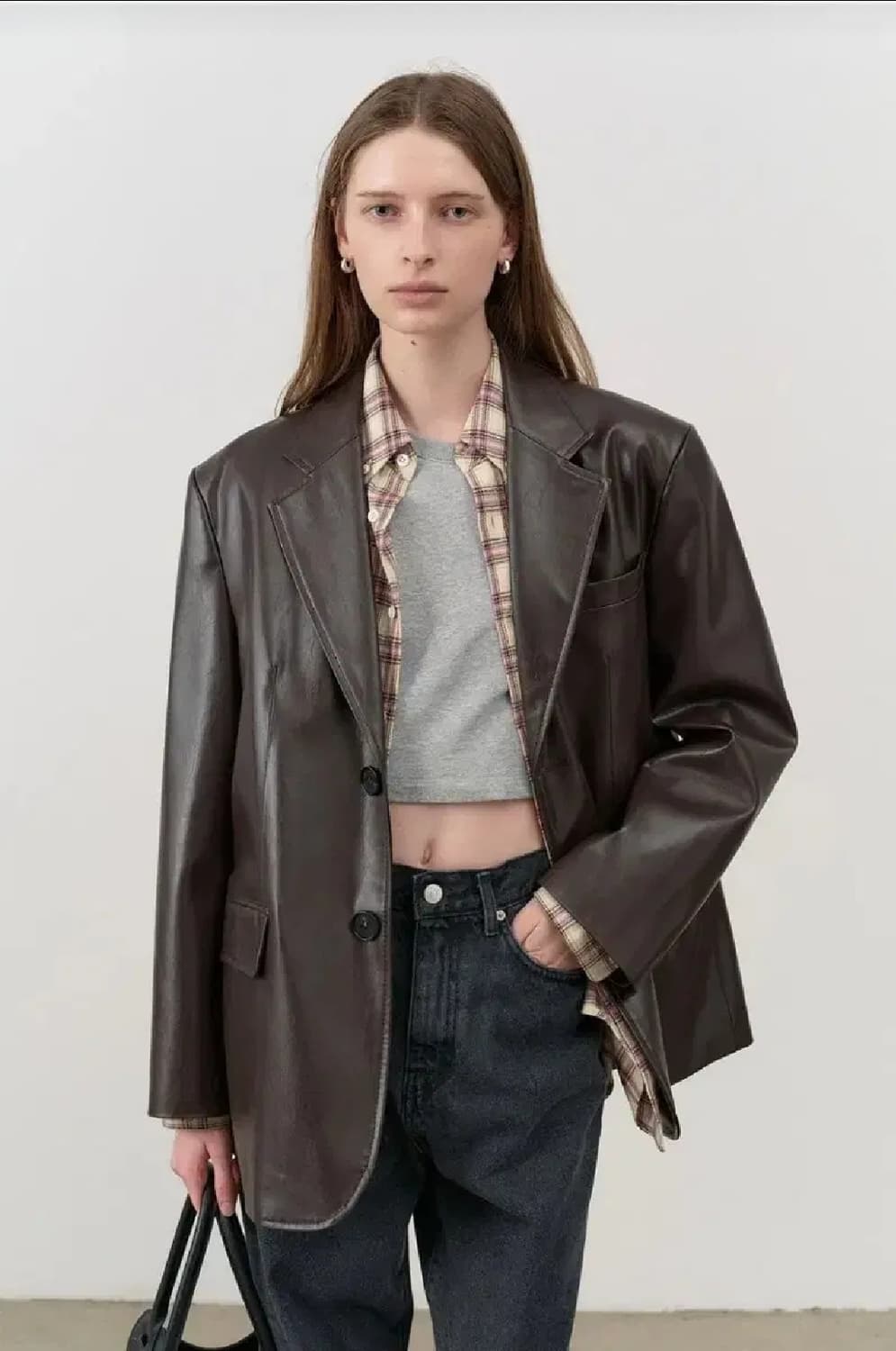 던스트 투 버튼 비건 레더 블레이저 브라운 상품이미지1