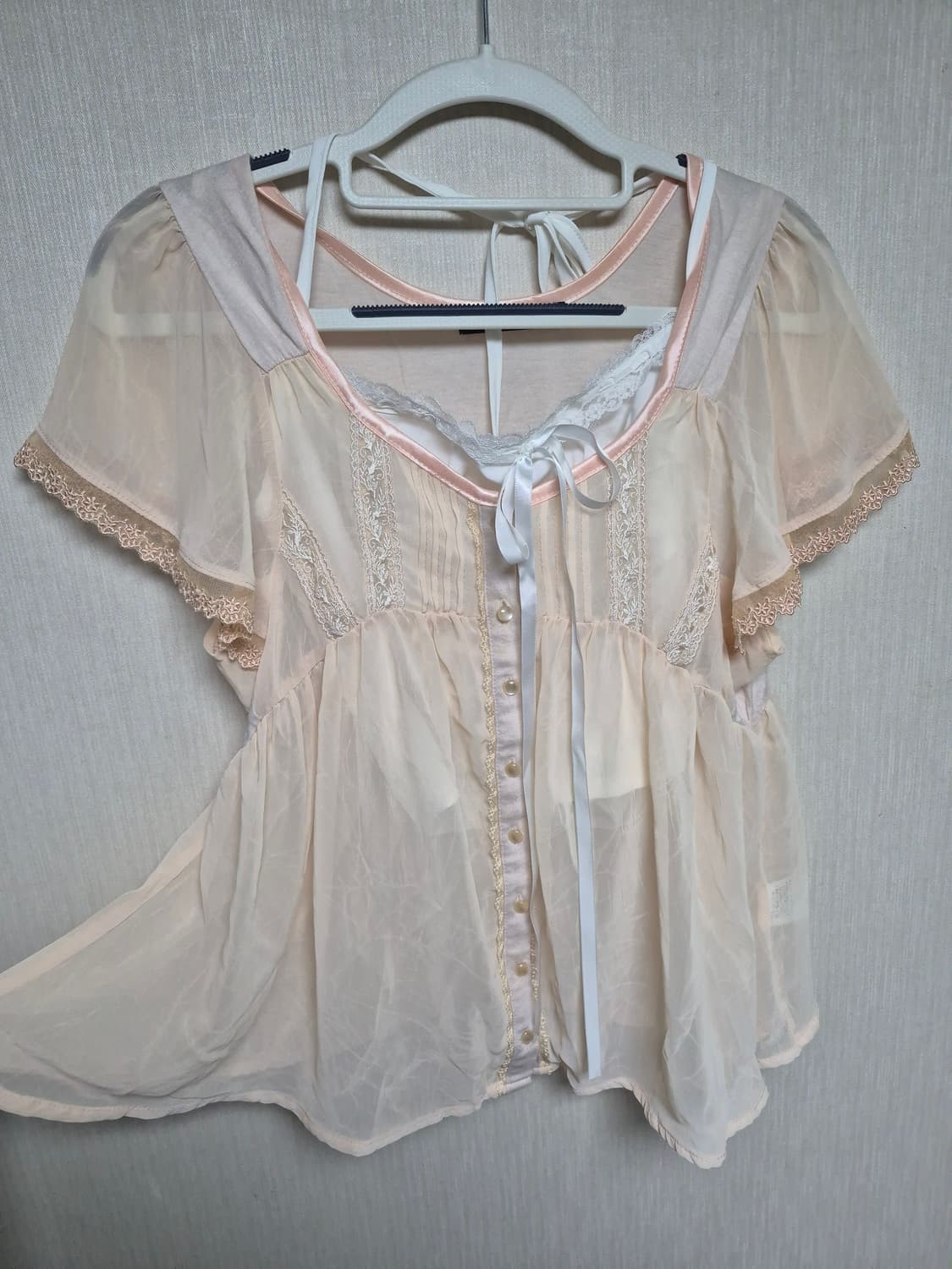 빈티지 모리걸 러블리 핑크 시스루 레이스 블라우스 상품이미지3