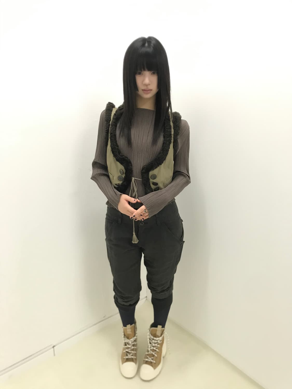 Olive antique button fur mini vest  상품이미지6
