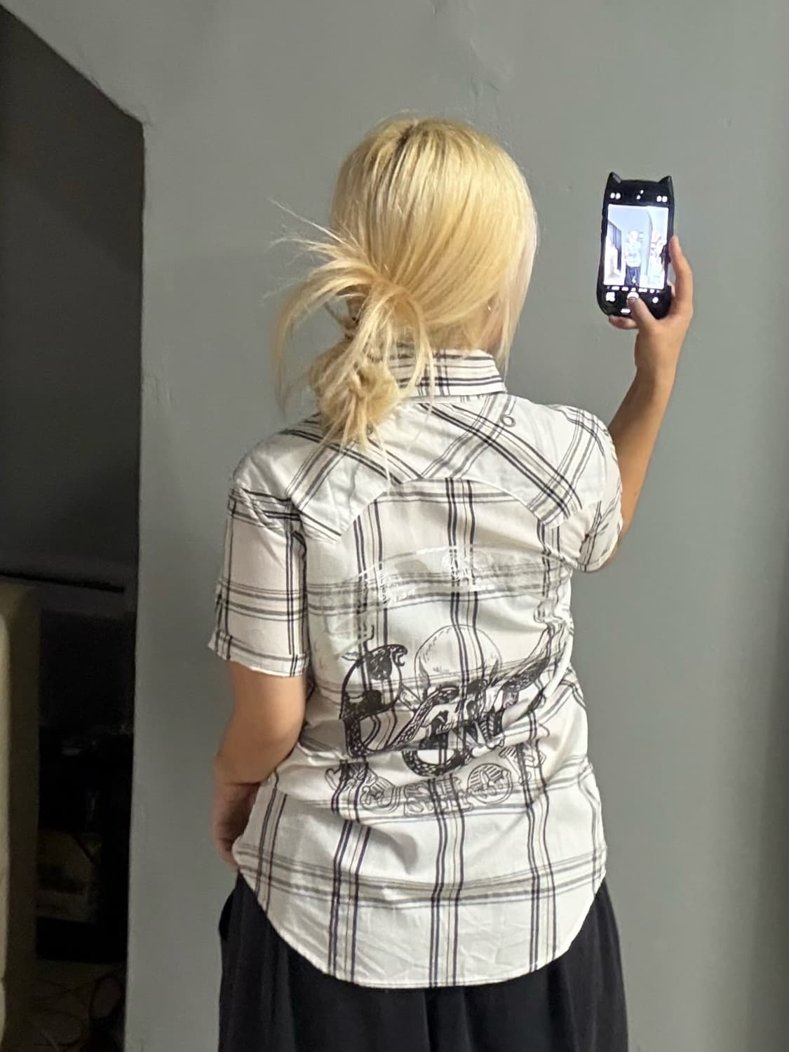 skull printing detail check shirt 상품이미지4