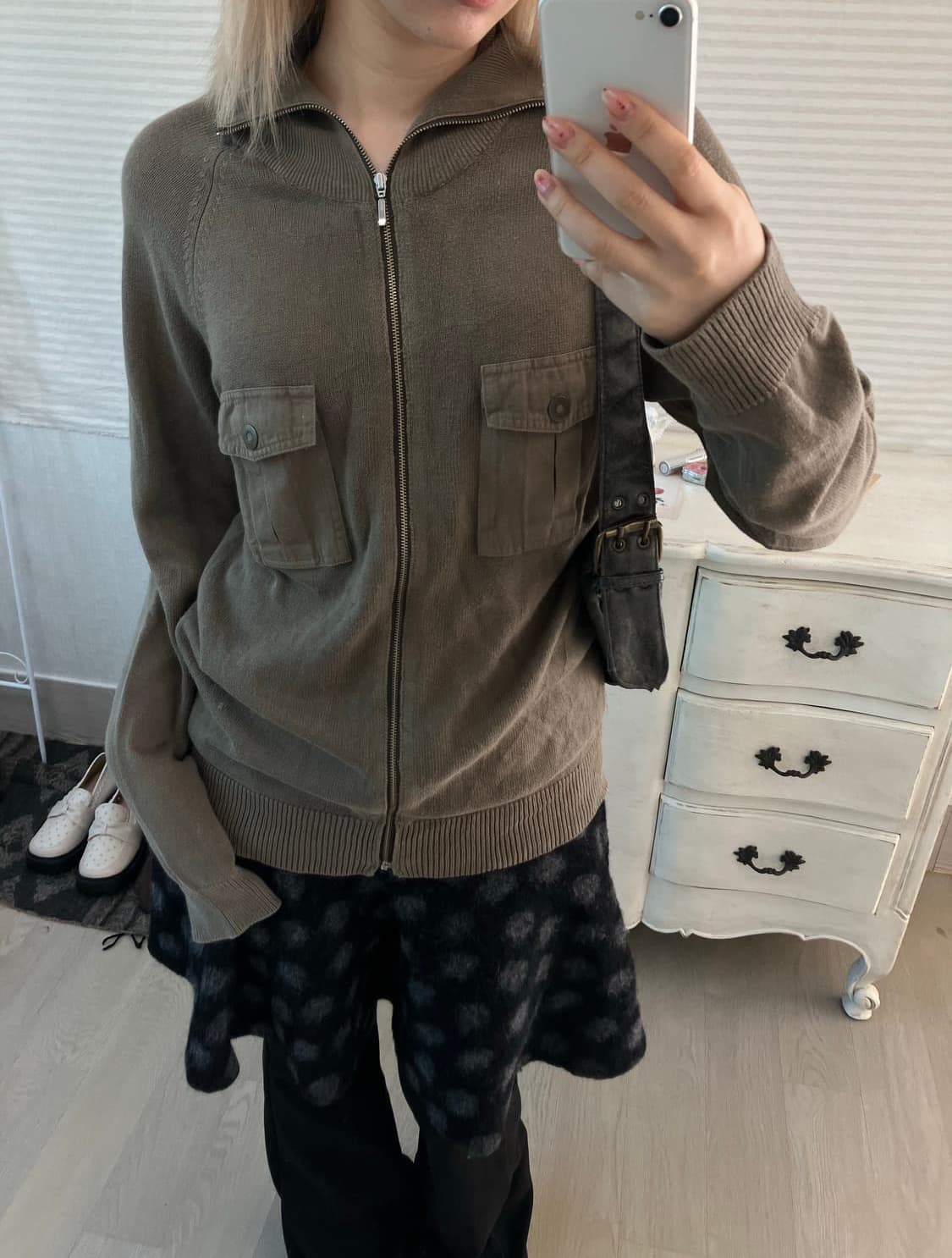 jpn vintage y2K 카키 포켓 니트 집업 상품이미지3