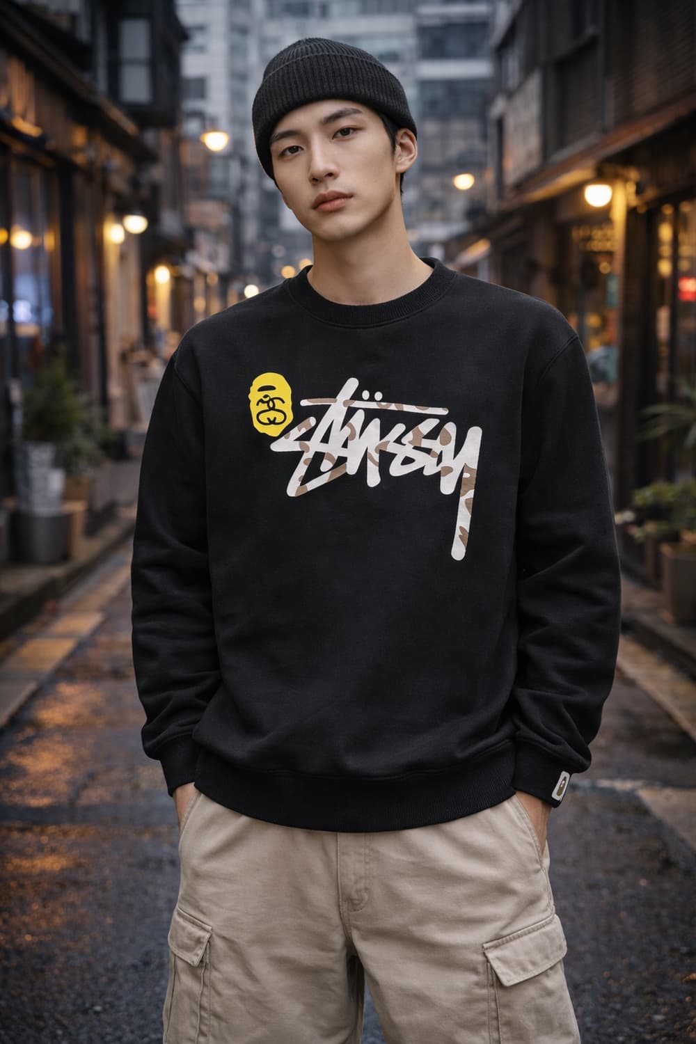 👕 스투시 × 베이프 샤크 크루넥 스웨트셔츠 (Black) 상품이미지1