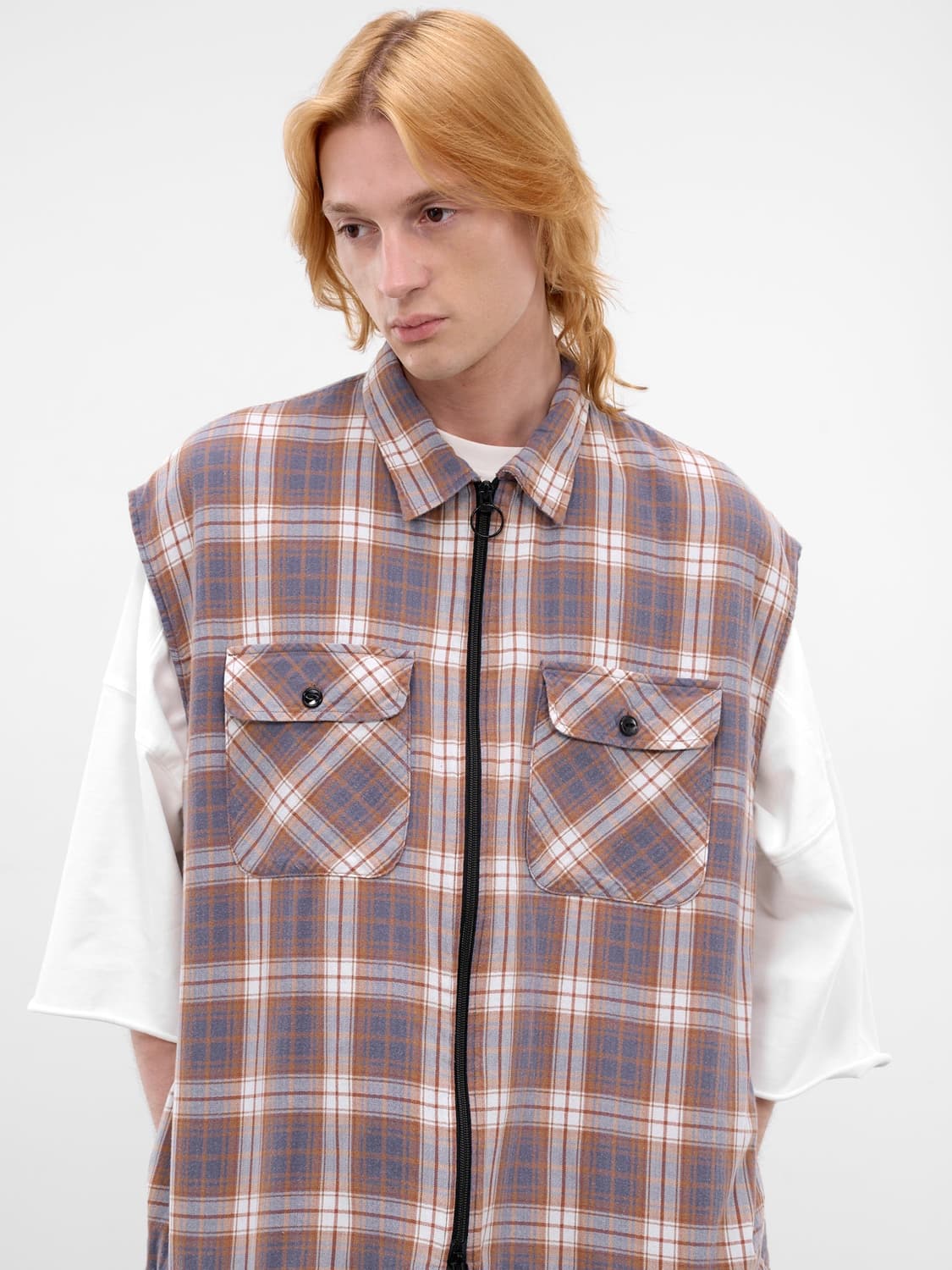 캐피탈 플란넬 체크 x 퀼티드 슬리브리스 베스트 네이비 상품이미지7