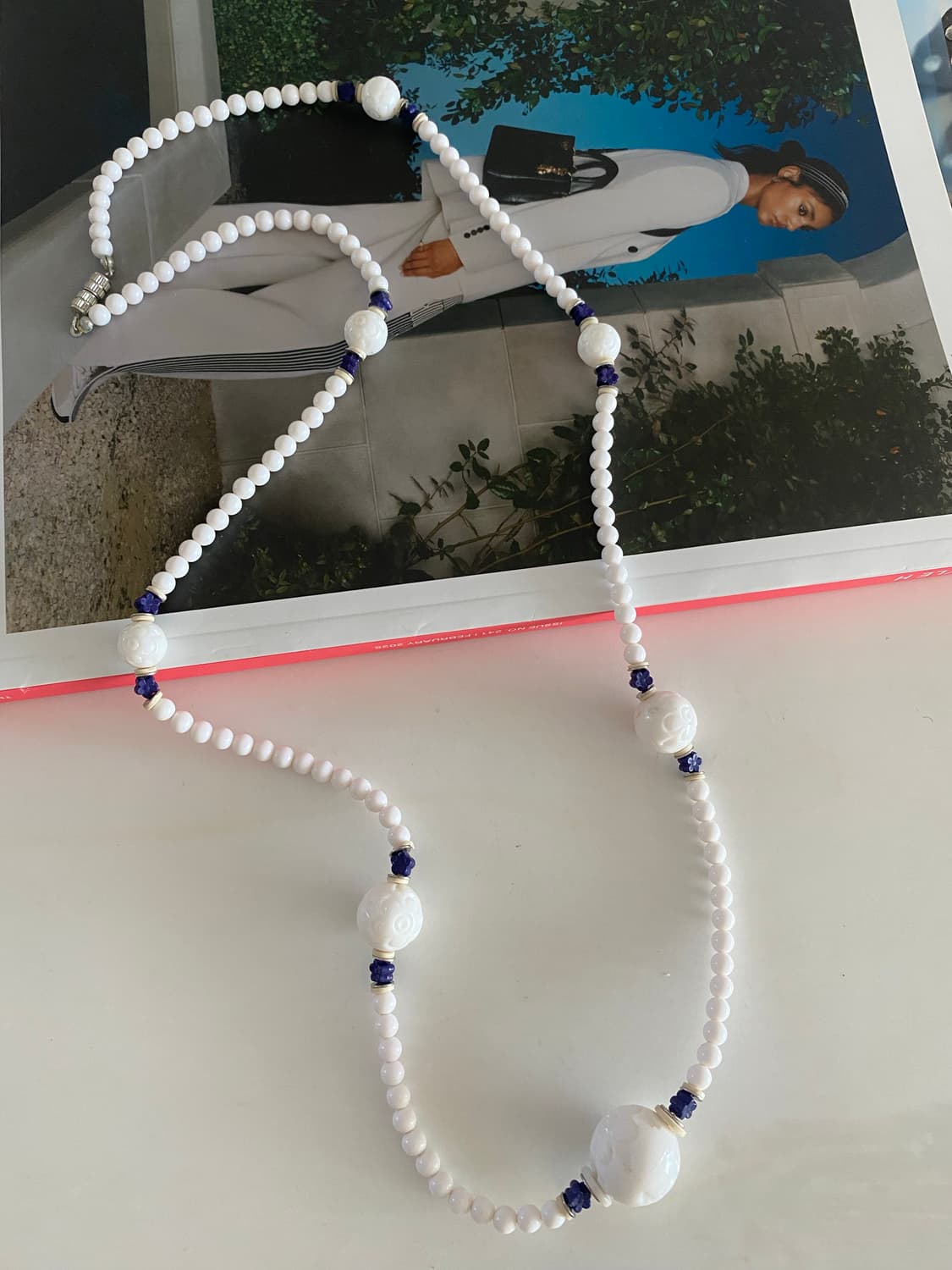일본 빈티지 y2k 화이트 네이비 비즈 목걸이 상품이미지5