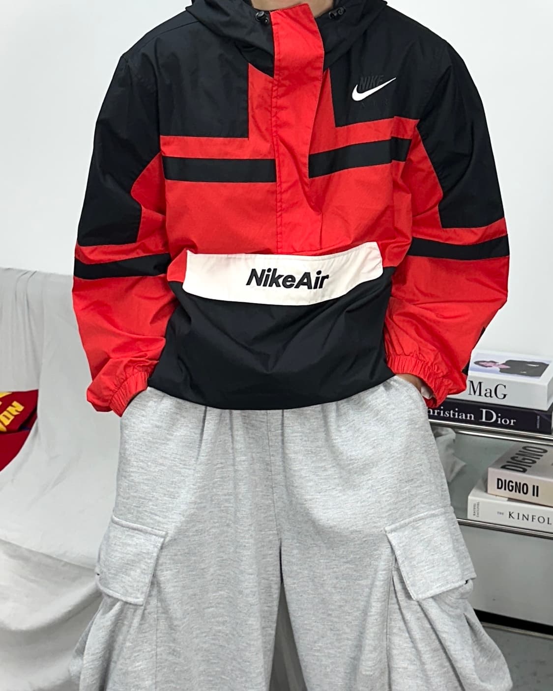 나이키 NSW 에어 블랙 레드 우븐 아노락 XL 상품이미지1