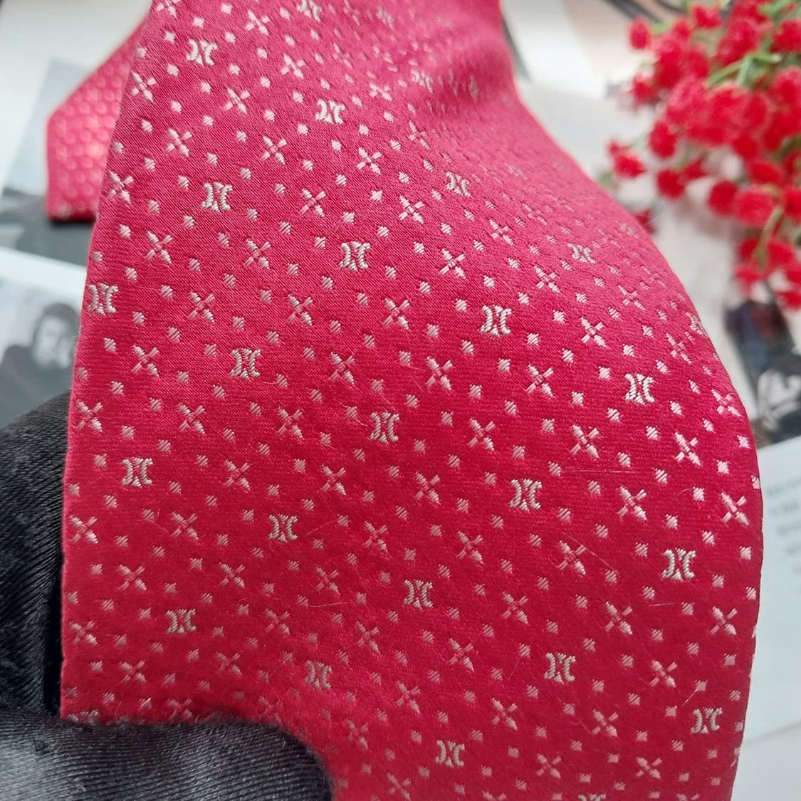 셀린느 레드 자수 로고 패턴 넥타이 8.5cm A+등급 K2966 상품이미지5