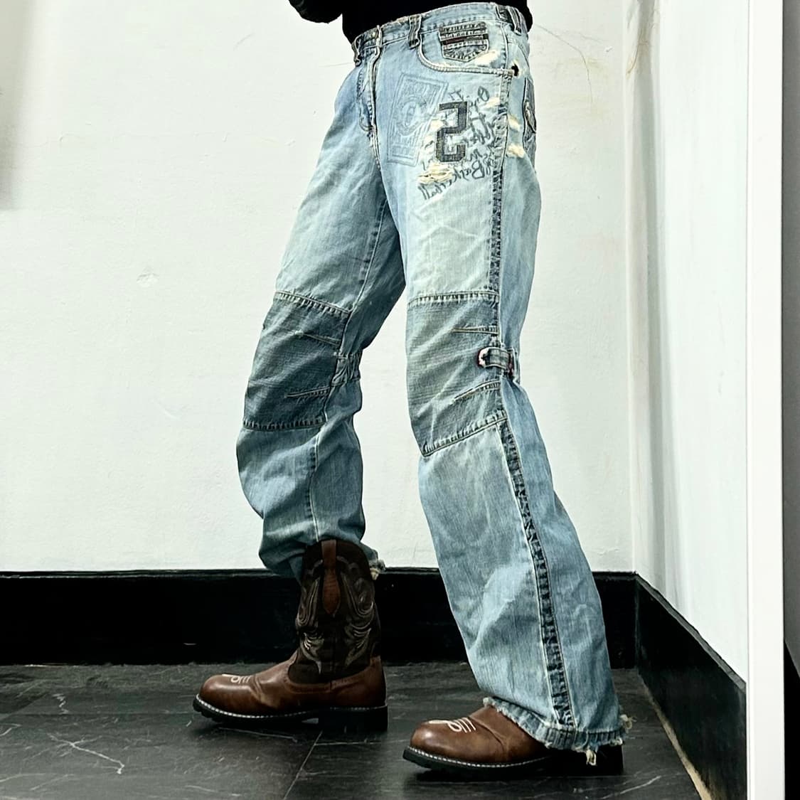 후부 그런지 디테일 더블니 와이드 데님 팬츠 상품이미지2