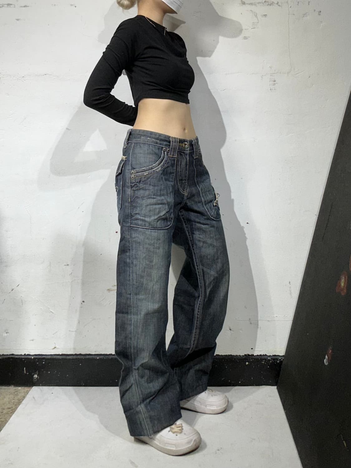 빈티지 중청 대장급 포켓 디테일 와이드 데님 팬츠 워싱 청바지 28  상품이미지1