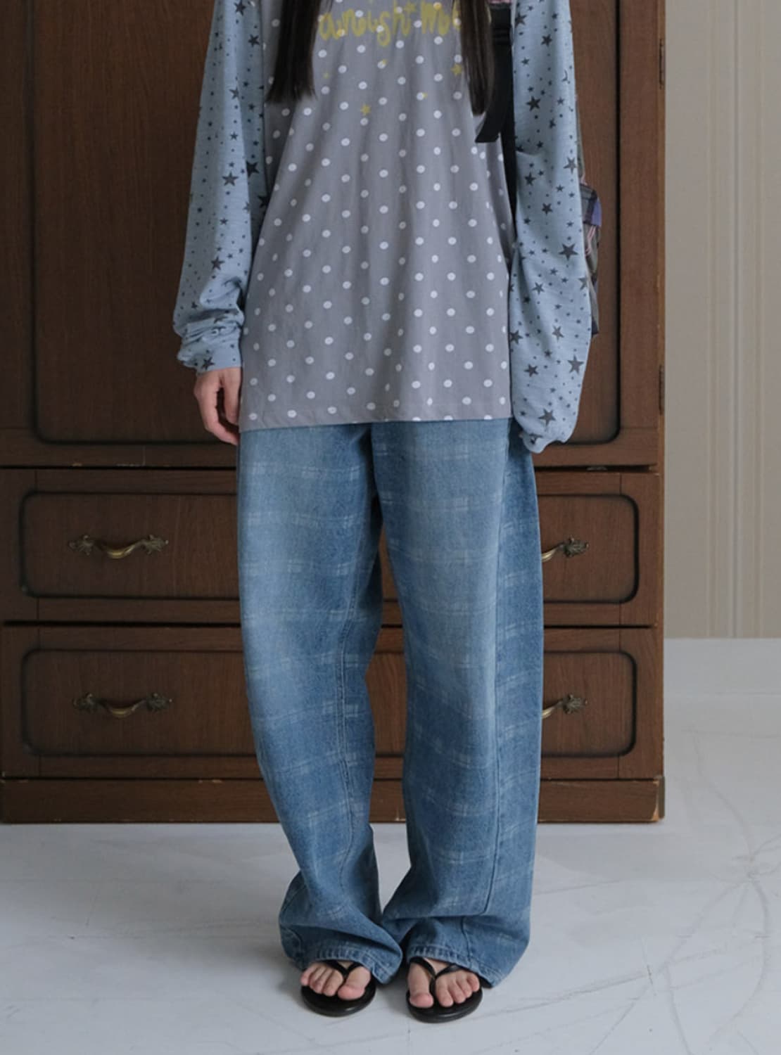 바니쉬먼트 Curved check denim_washed blue 데님 상품이미지1