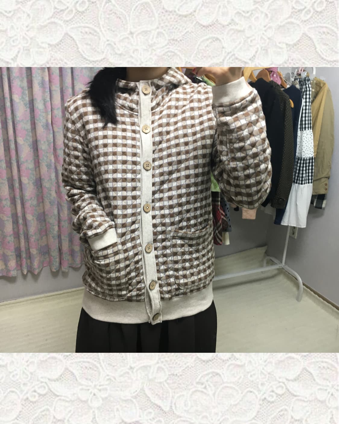 브라운 체크 누빔 후드 가디건 상품이미지2