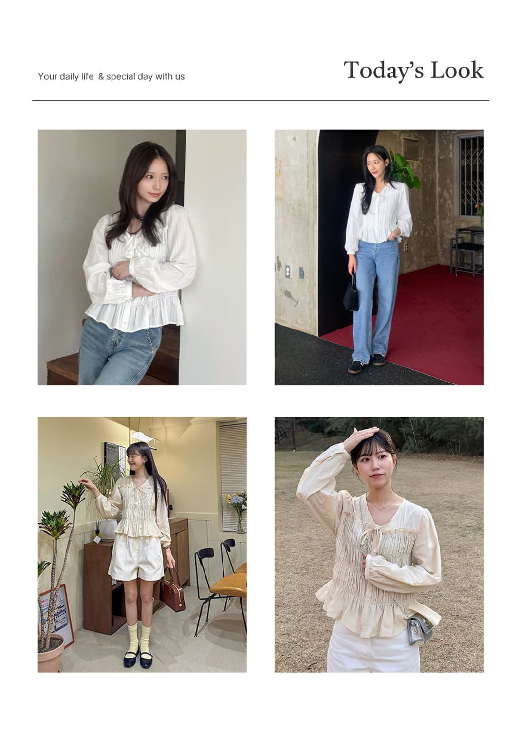 틸아이다이 리본 포인트 셔링 스모크 코튼 블라우스 아이보리 F 상품이미지7