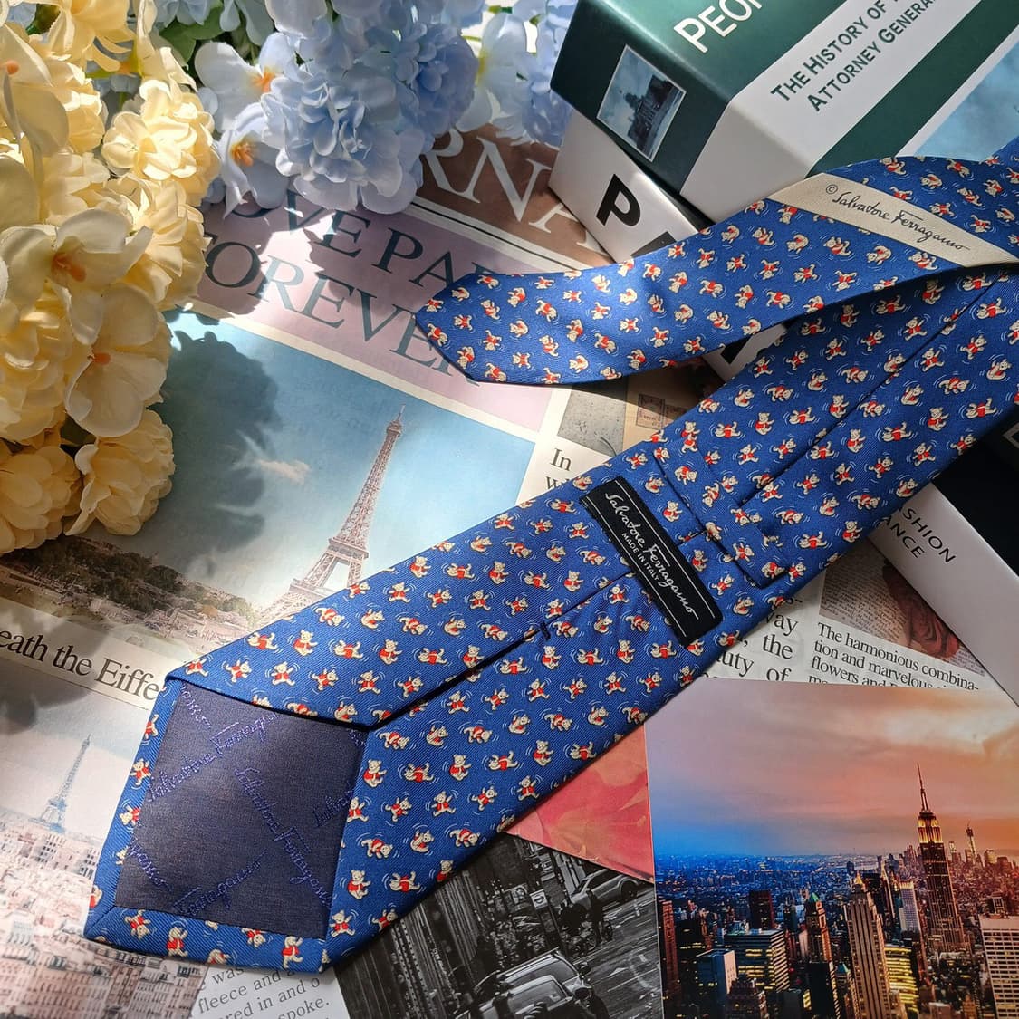 살바토레 페라가모 실크 블루 곰돌이 모티브 넥타이 9cm A등급 E959 상품이미지4