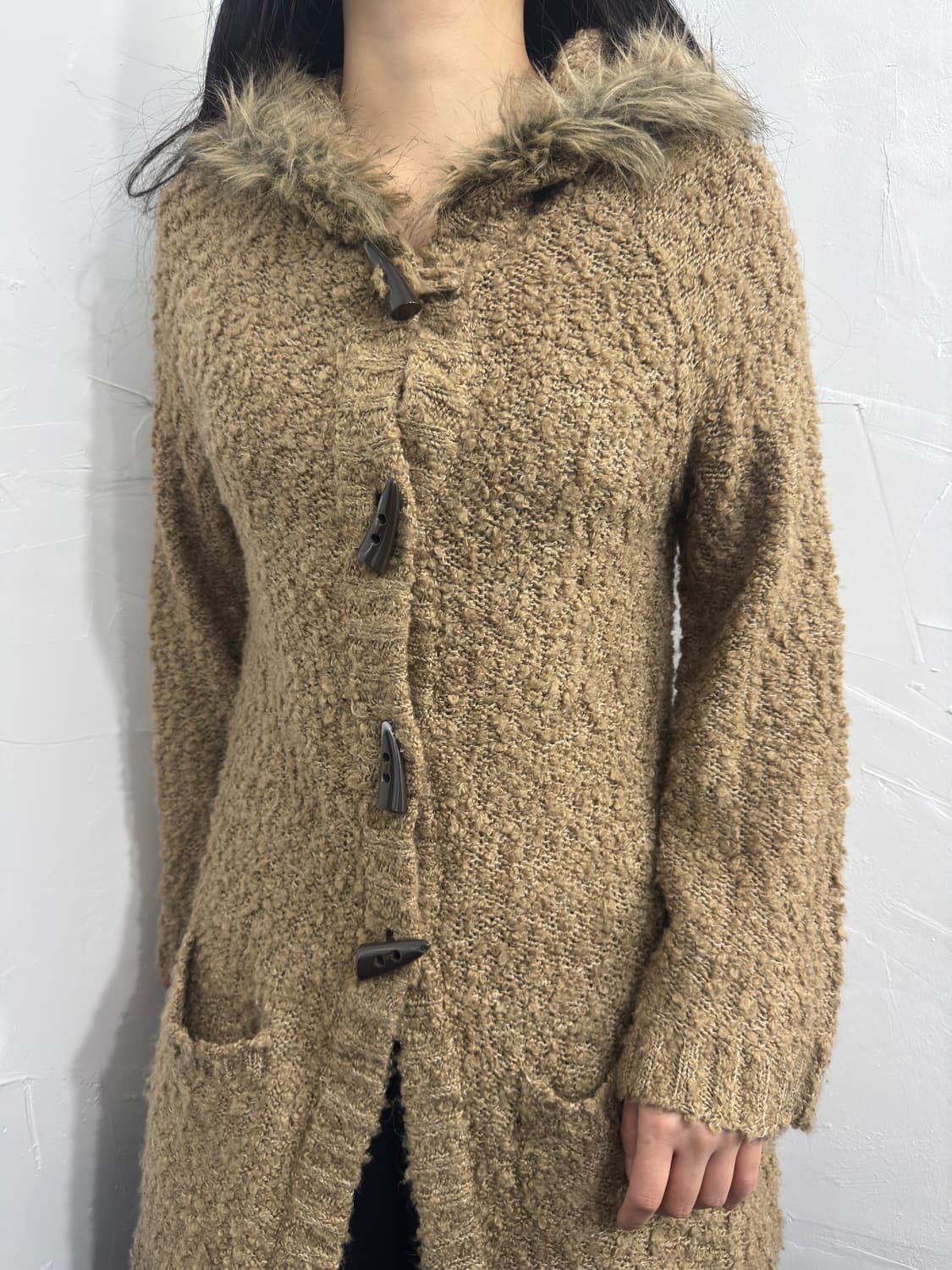pink adobe fur hood knit cardigan 상품이미지3