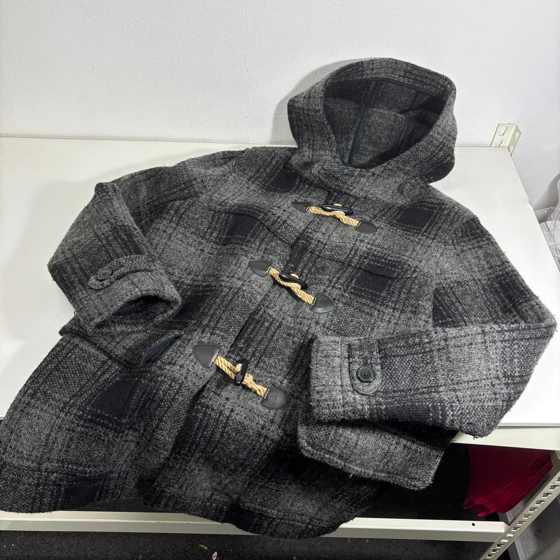 우먼M-L 갭 GAP 검그레이 체크 울 후드더플코트 떡볶이코트 상품이미지2