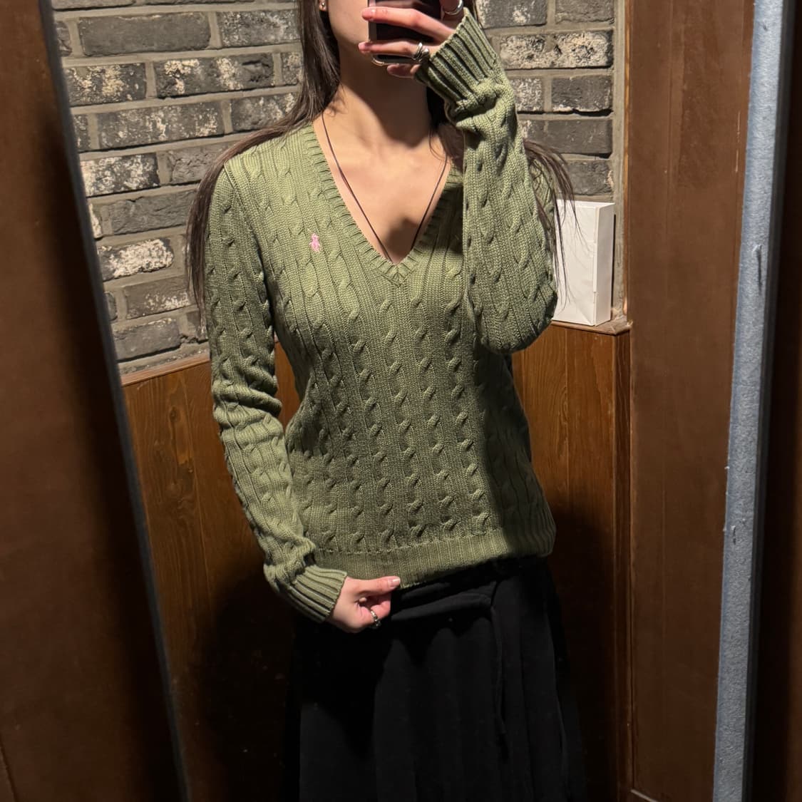 M) 폴로 랄프로렌 코튼 케이블 꽈배기 브이넥 니트 올리브 그린 상품이미지7