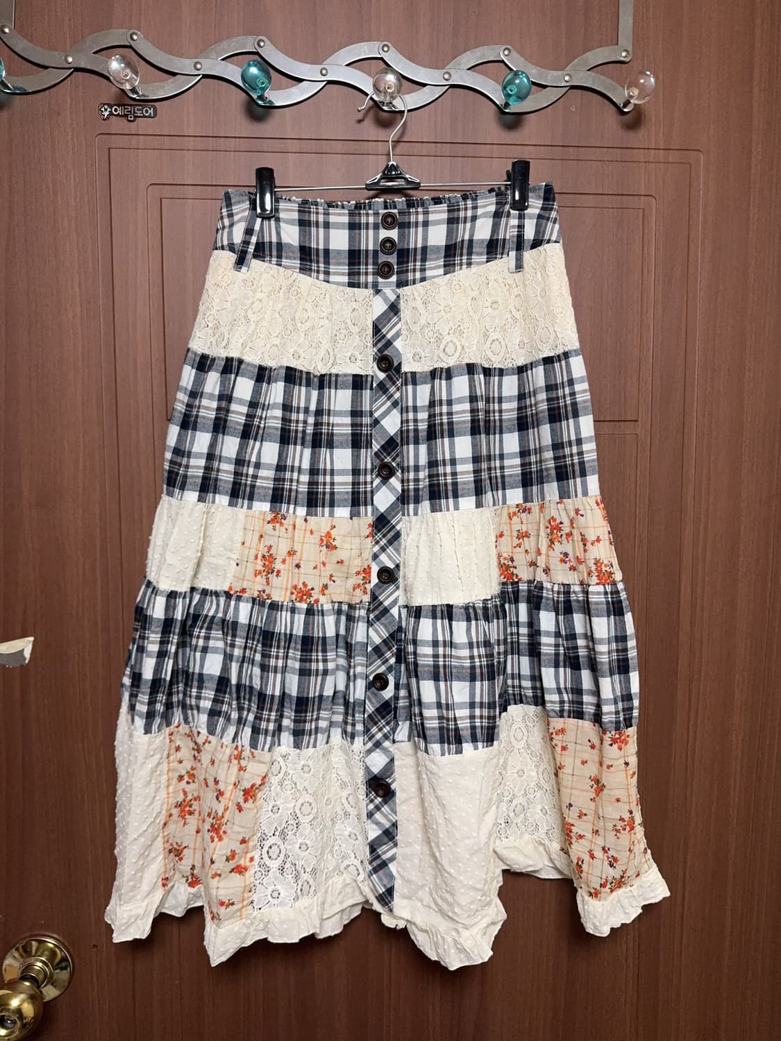 모리걸 하구미 일본 빈티지 패치워크 체크 도트 잔꽃 롱 스커트 상품이미지1