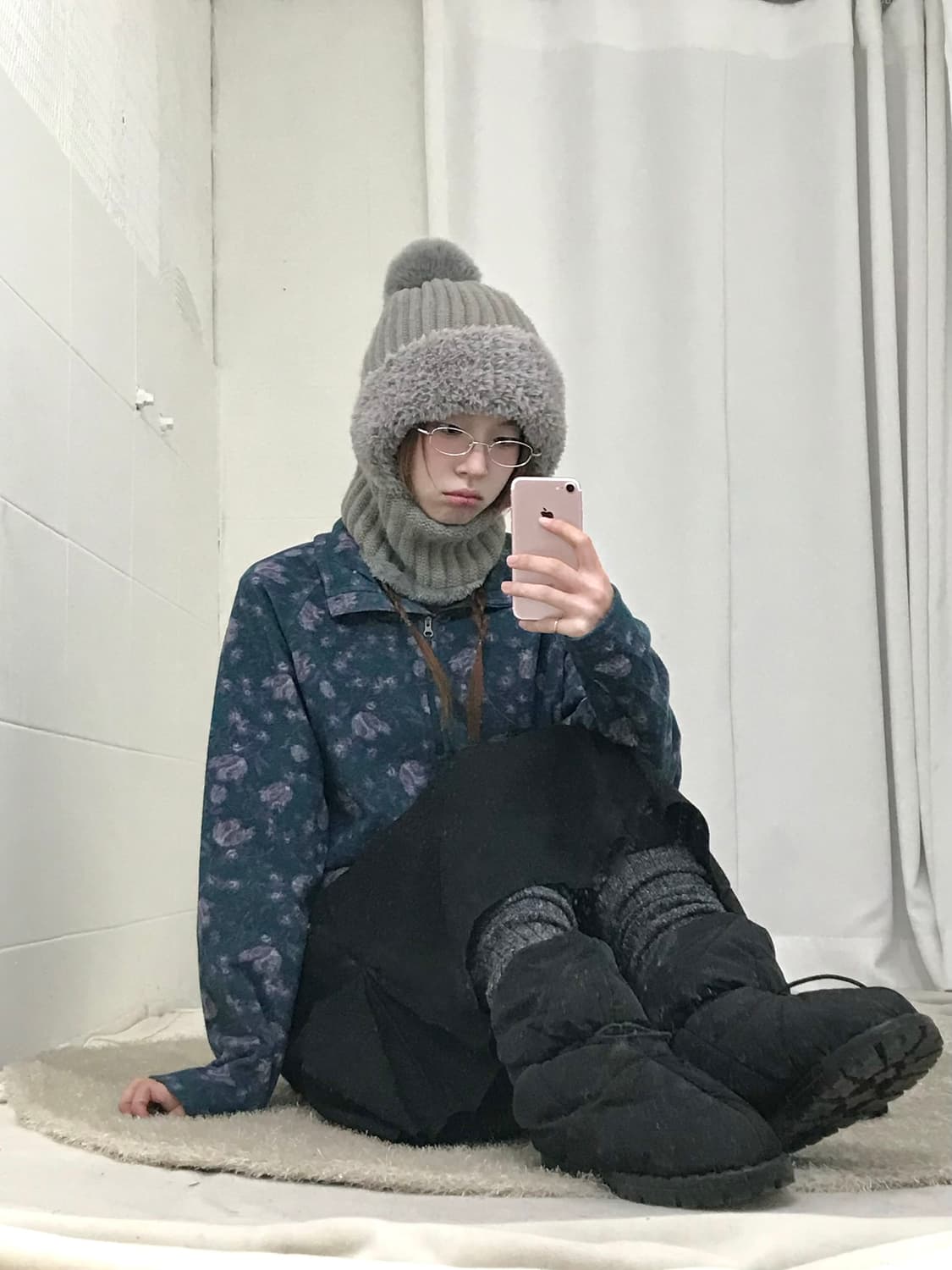 빈티지 그레이 니트 바라클라바 방울 비니 상품이미지2