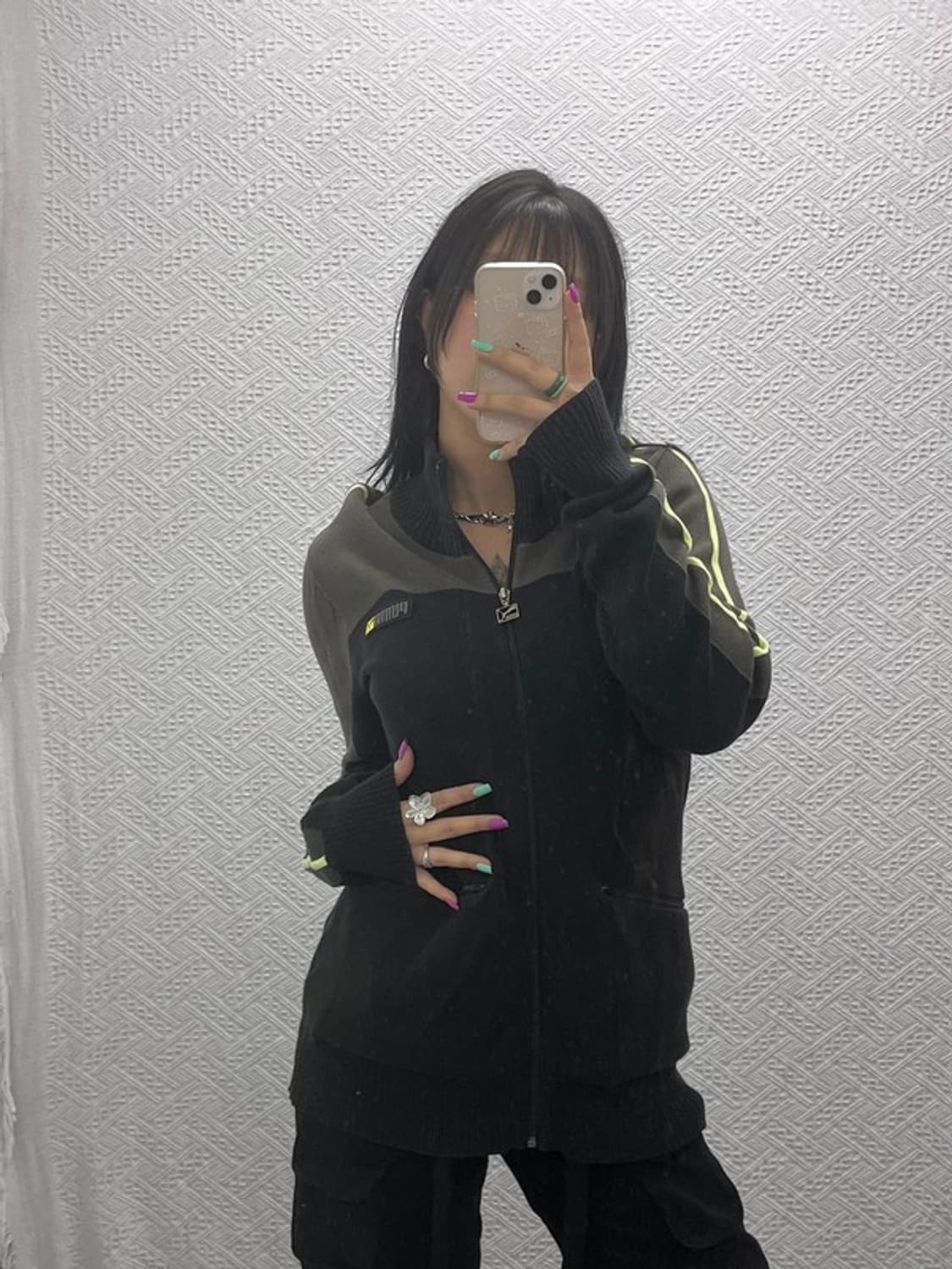 푸마 레트로 슬리브 배색 후드 집업 니트 가디건 L C07363 상품이미지1