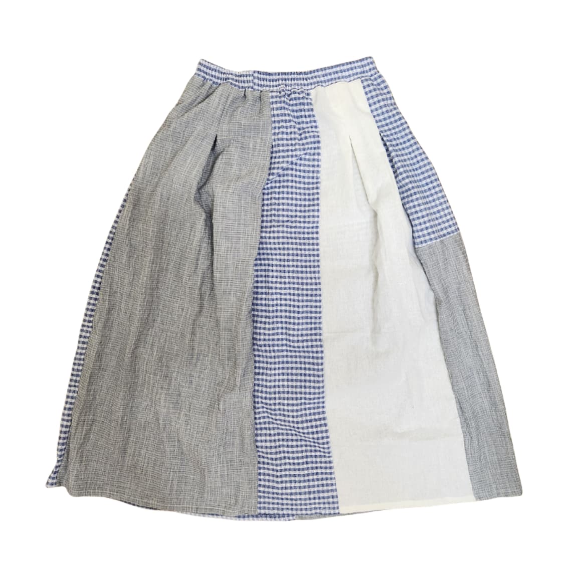 [기장수선가능] 360도 양면 블루 깅엄 체크 패치워크 화이트 롱스커트 상품이미지4