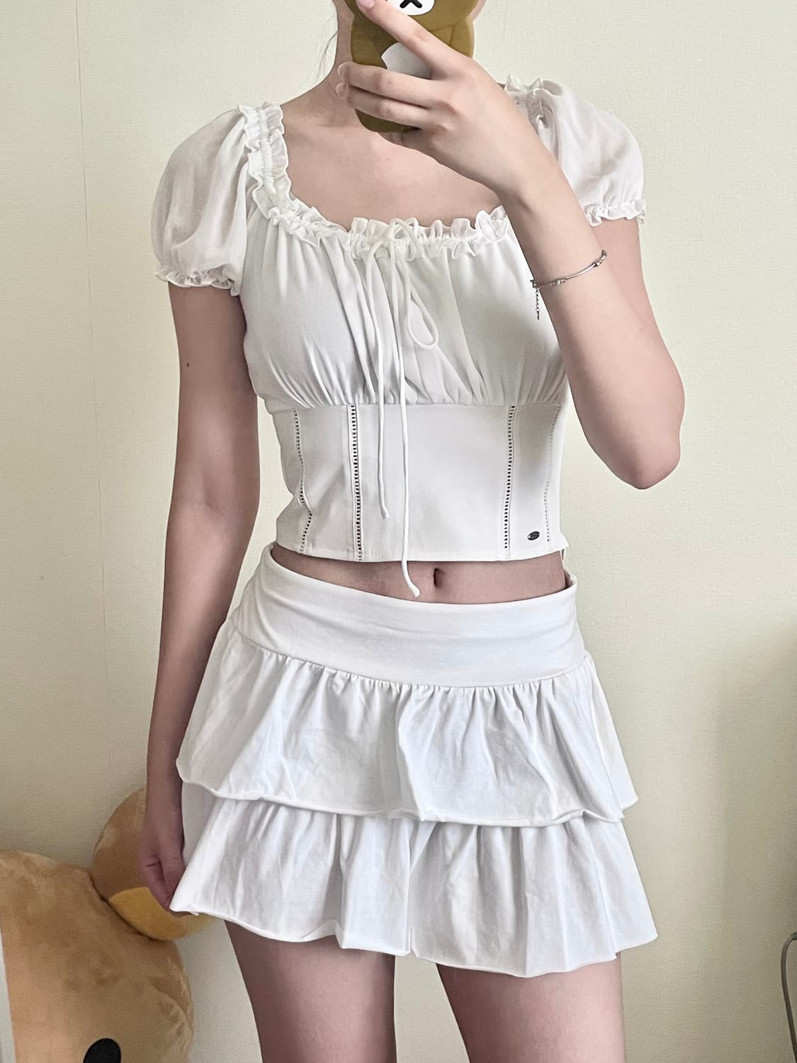 페일제이드 쉬폰 레이스 퍼프 블라우스  상품이미지1