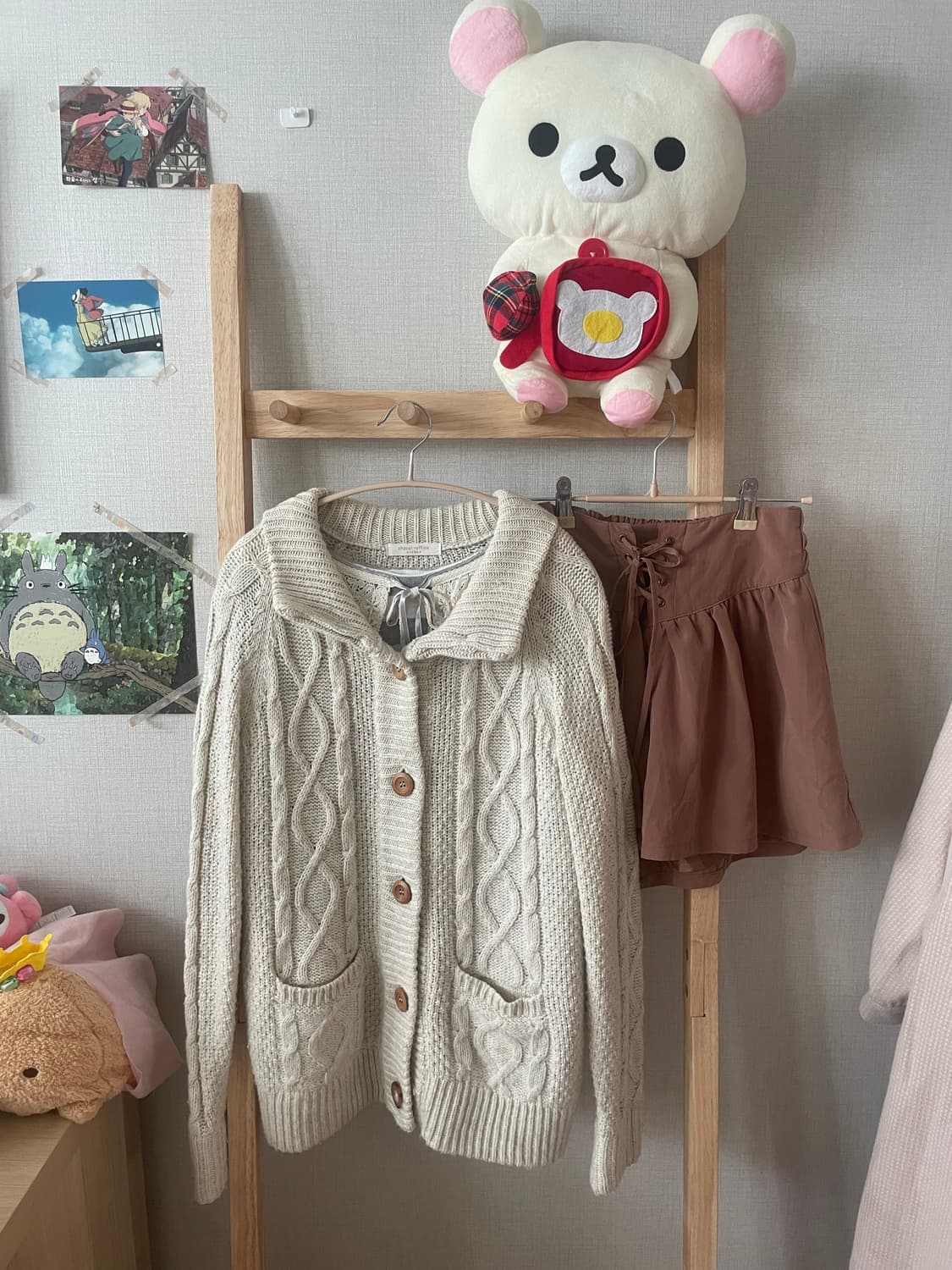 모리걸 바닐라쿠키 케이블 가디건 크로쉐 리본 블라우스 set 상품이미지2